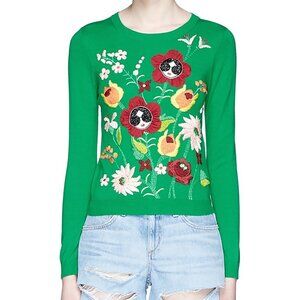 Alice + Olivia Connie Garden Sweater Embroidered Stace Face Floral Green S